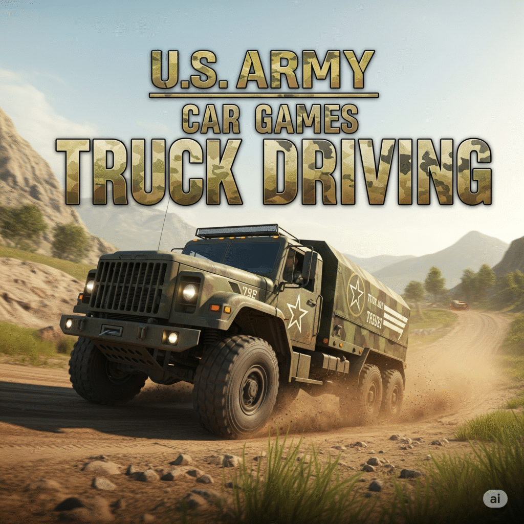 US Army military truck driving simulator game screenshot, off-road vehicle, challenging terrain, realistic graphics, army vehicle simulation, extreme truck driving