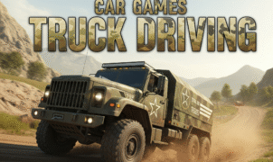 US Army military truck driving simulator game screenshot, off-road vehicle, challenging terrain, realistic graphics, army vehicle simulation, extreme truck driving