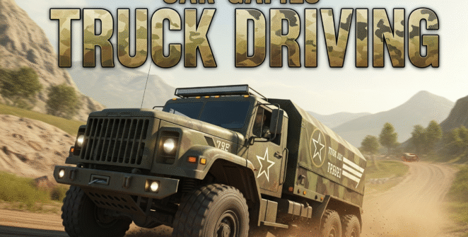 US Army military truck driving simulator game screenshot, off-road vehicle, challenging terrain, realistic graphics, army vehicle simulation, extreme truck driving