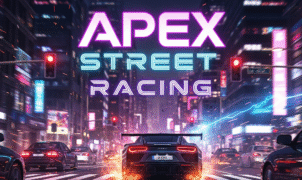 A high-octane street racing scene at night, featuring a sleek, modern sports car speeding through a neon-lit city, with the bold game title 