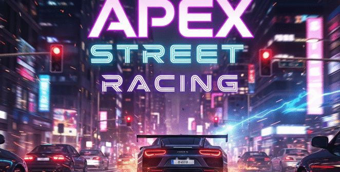 A high-octane street racing scene at night, featuring a sleek, modern sports car speeding through a neon-lit city, with the bold game title 