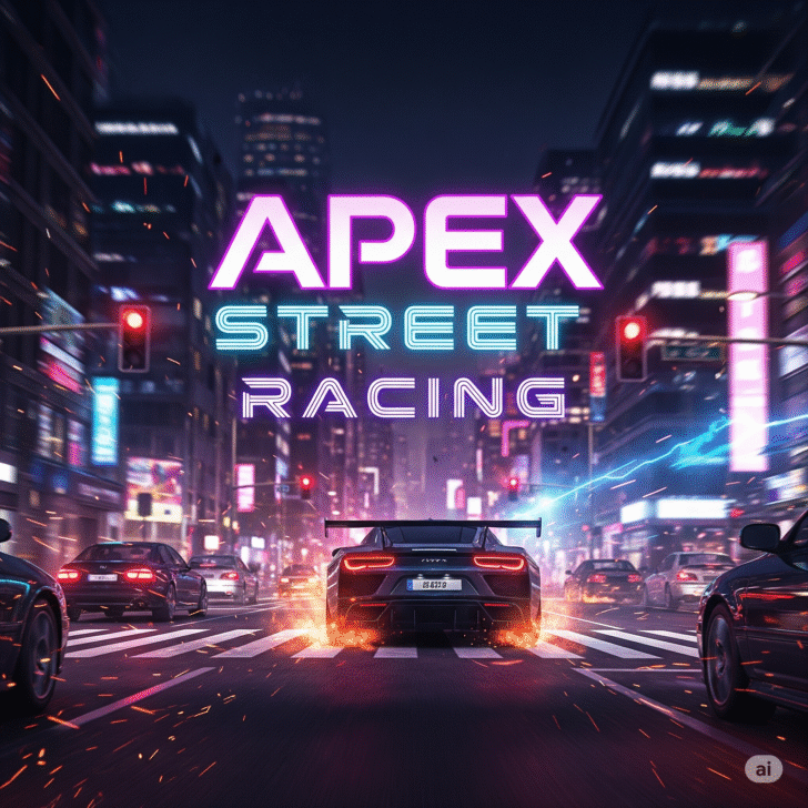 A high-octane street racing scene at night, featuring a sleek, modern sports car speeding through a neon-lit city, with the bold game title "Apex Street Racing" prominently displayed. Captures the essence of thrilling gameplay, urban racing, and high-performance vehicles.