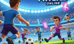 Soccer Physics Online game title screen with cartoon soccer players in action on a futuristic stadium, vibrant neon colors, and bold typography. Ideal for online casual sports game enthusiasts.