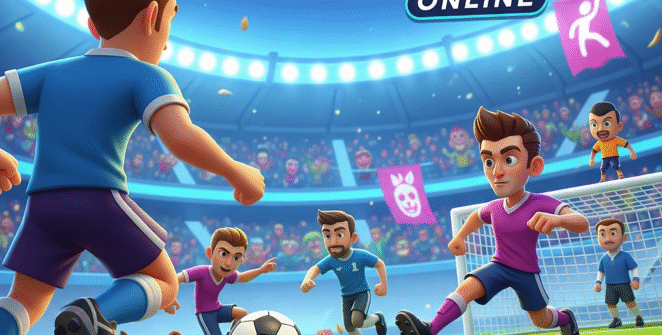 Soccer Physics Online game title screen with cartoon soccer players in action on a futuristic stadium, vibrant neon colors, and bold typography. Ideal for online casual sports game enthusiasts.
