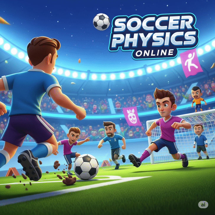 Soccer Physics Online game title screen with cartoon soccer players in action on a futuristic stadium, vibrant neon colors, and bold typography. Ideal for online casual sports game enthusiasts.