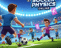 Soccer Physics Online game title screen with cartoon soccer players in action on a futuristic stadium, vibrant neon colors, and bold typography. Ideal for online casual sports game enthusiasts.