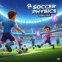 Soccer Physics Online game title screen with cartoon soccer players in action on a futuristic stadium, vibrant neon colors, and bold typography. Ideal for online casual sports game enthusiasts.