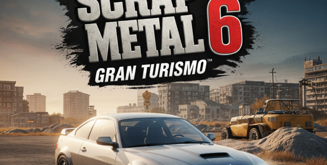 A thrilling Scrap Metal 6: Gran Turismo game logo with a sleek, futuristic design, perfect for gaming enthusiasts and racing game fans. This visual captures the essence of high-octane automotive action and custom car building.