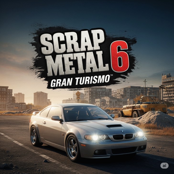 A thrilling Scrap Metal 6: Gran Turismo game logo with a sleek, futuristic design, perfect for gaming enthusiasts and racing game fans. This visual captures the essence of high-octane automotive action and custom car building.