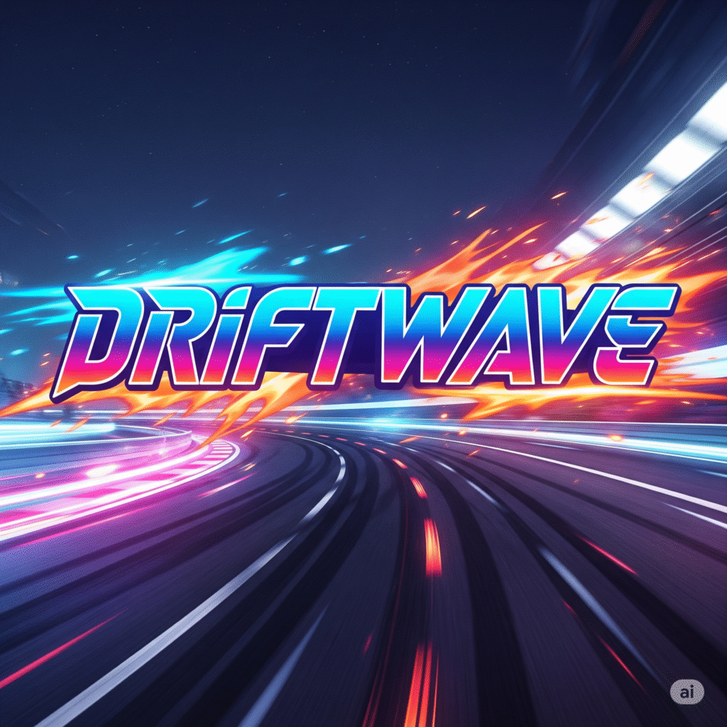 Screenshot of a neon-lit urban track in Driftwave showcasing a sports car executing a high-speed drift with nitro boost trail”