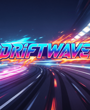 Screenshot of a neon-lit urban track in Driftwave showcasing a sports car executing a high-speed drift with nitro boost trail”