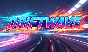 Screenshot of a neon-lit urban track in Driftwave showcasing a sports car executing a high-speed drift with nitro boost trail”