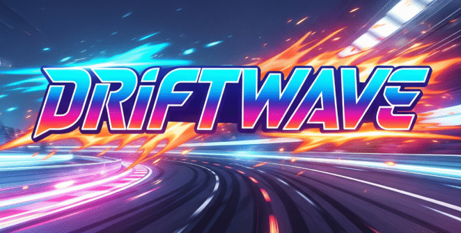 Screenshot of a neon-lit urban track in Driftwave showcasing a sports car executing a high-speed drift with nitro boost trail”