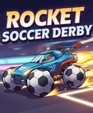 Rocket Soccer Derby game, futuristic car, soccer ball wheels, neon track, high-octane action, arcade racing.