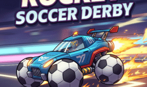 Rocket Soccer Derby game, futuristic car, soccer ball wheels, neon track, high-octane action, arcade racing.