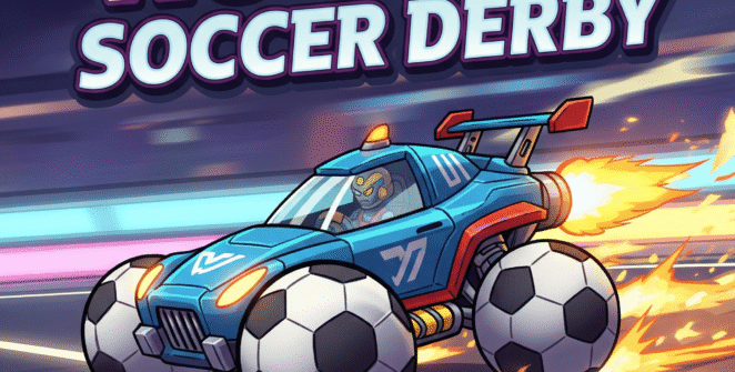 Rocket Soccer Derby game, futuristic car, soccer ball wheels, neon track, high-octane action, arcade racing.