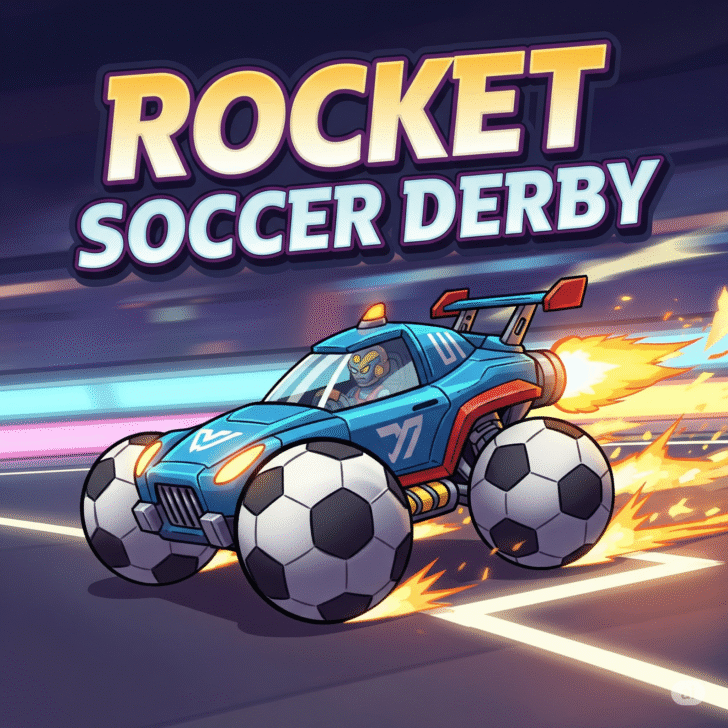 Rocket Soccer Derby game, futuristic car, soccer ball wheels, neon track, high-octane action, arcade racing.