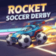 Rocket Soccer Derby game, futuristic car, soccer ball wheels, neon track, high-octane action, arcade racing.