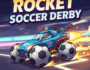 Rocket Soccer Derby game, futuristic car, soccer ball wheels, neon track, high-octane action, arcade racing.
