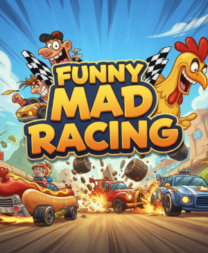 Colorful Funny Mad Racing game scene showing cartoon cars drifting at high speed on a vibrant race track with loops and obstacles.