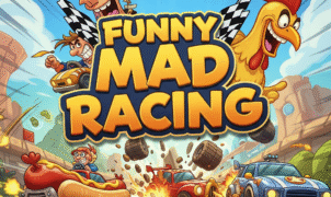 Colorful Funny Mad Racing game scene showing cartoon cars drifting at high speed on a vibrant race track with loops and obstacles.