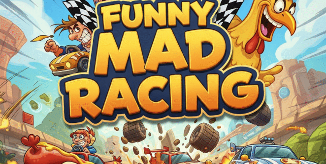 Colorful Funny Mad Racing game scene showing cartoon cars drifting at high speed on a vibrant race track with loops and obstacles.