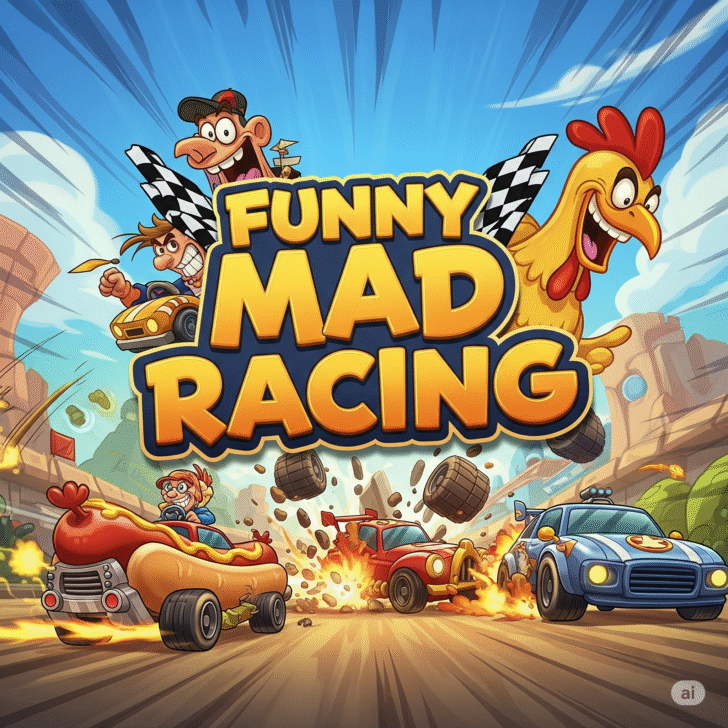 Colorful Funny Mad Racing game scene showing cartoon cars drifting at high speed on a vibrant race track with loops and obstacles.
