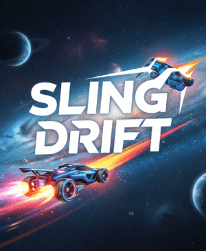 Top-down view of a bright red sports car executing a slingshot drift on a neon-lit Sling Drift track, showcasing precision steering and high-speed drift racing mechanics.
