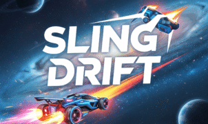 Top-down view of a bright red sports car executing a slingshot drift on a neon-lit Sling Drift track, showcasing precision steering and high-speed drift racing mechanics.