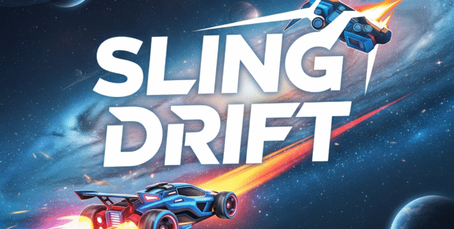 Top-down view of a bright red sports car executing a slingshot drift on a neon-lit Sling Drift track, showcasing precision steering and high-speed drift racing mechanics.