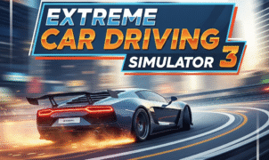 High-speed red sports car drifting through a city street in Extreme Car Driving Simulator 3 with realistic physics and detailed 3D graphics”