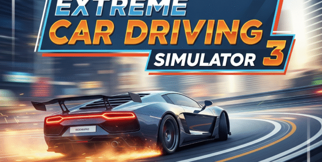 High-speed red sports car drifting through a city street in Extreme Car Driving Simulator 3 with realistic physics and detailed 3D graphics”