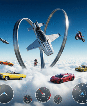 Vehicle Stunts Sky Sim gameplay screenshot, high-flying car stunts, futuristic vehicle, airborne race, extreme driving game.