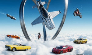 Vehicle Stunts Sky Sim gameplay screenshot, high-flying car stunts, futuristic vehicle, airborne race, extreme driving game.