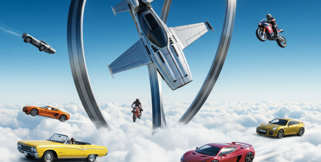 Vehicle Stunts Sky Sim gameplay screenshot, high-flying car stunts, futuristic vehicle, airborne race, extreme driving game.