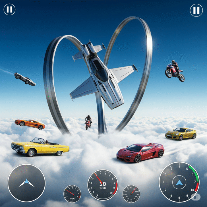 Vehicle Stunts Sky Sim gameplay screenshot, high-flying car stunts, futuristic vehicle, airborne race, extreme driving game.
