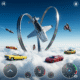 Vehicle Stunts Sky Sim gameplay screenshot, high-flying car stunts, futuristic vehicle, airborne race, extreme driving game.