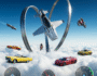 Vehicle Stunts Sky Sim gameplay screenshot, high-flying car stunts, futuristic vehicle, airborne race, extreme driving game.
