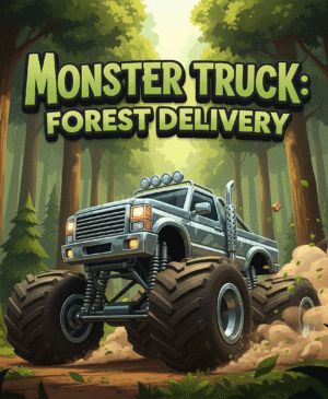 “Red monster truck navigating a rugged forest trail delivering cargo in Monster Truck: Forest Delivery game”