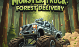 “Red monster truck navigating a rugged forest trail delivering cargo in Monster Truck: Forest Delivery game”