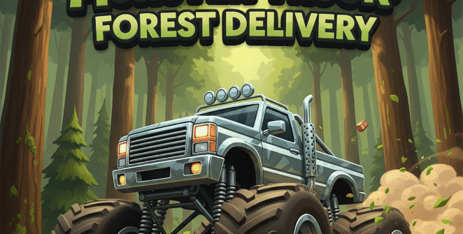 “Red monster truck navigating a rugged forest trail delivering cargo in Monster Truck: Forest Delivery game”