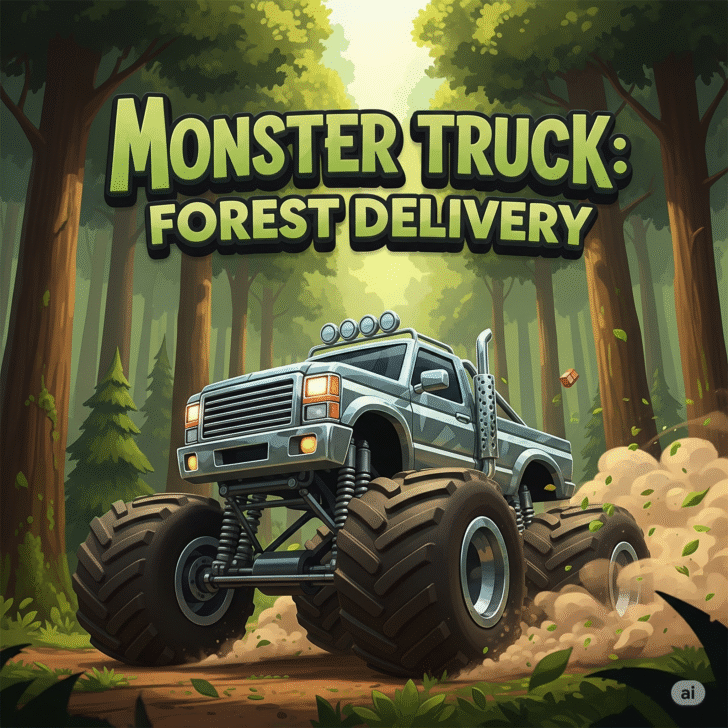 “Red monster truck navigating a rugged forest trail delivering cargo in Monster Truck: Forest Delivery game”