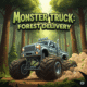 “Red monster truck navigating a rugged forest trail delivering cargo in Monster Truck: Forest Delivery game”