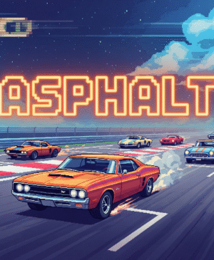 Screenshot of Asphalt Retro game featuring pixel-style classic cars racing on retro-themed city tracks