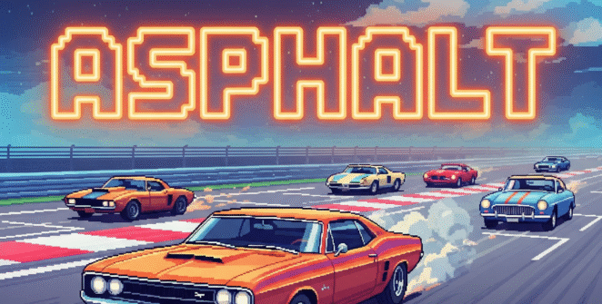 Screenshot of Asphalt Retro game featuring pixel-style classic cars racing on retro-themed city tracks