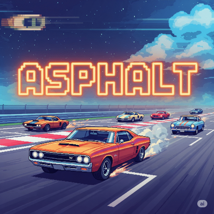 Screenshot of Asphalt Retro game featuring pixel-style classic cars racing on retro-themed city tracks