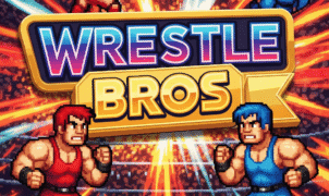 Arcade wrestling game title card: Wrestle Bros, a pixelated fighting experience