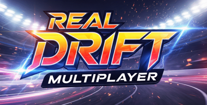 Sleek sports car drifting around a sharp corner under neon lights in Real Drift Multiplayer online drift racing game.