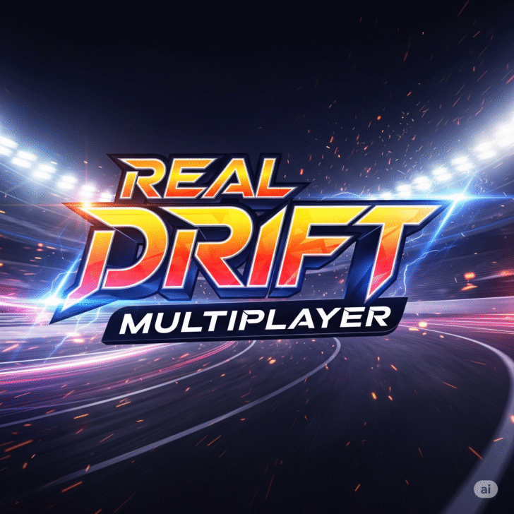 Sleek sports car drifting around a sharp corner under neon lights in Real Drift Multiplayer online drift racing game.