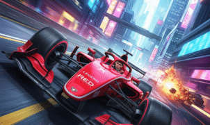Red racing car in 'Montblanc Legend Red: The Race' game, vibrant cityscape, intense gaming experience"